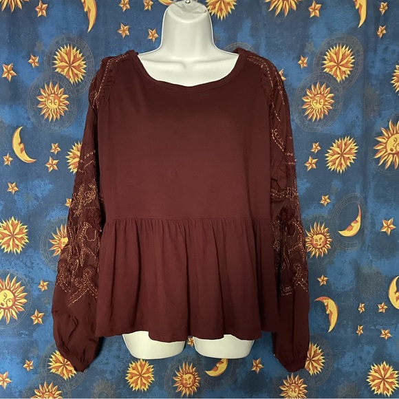 🍄50% FREE PEOPLE Burgundy Embroidered Top Sz M - Picture 3 of 12